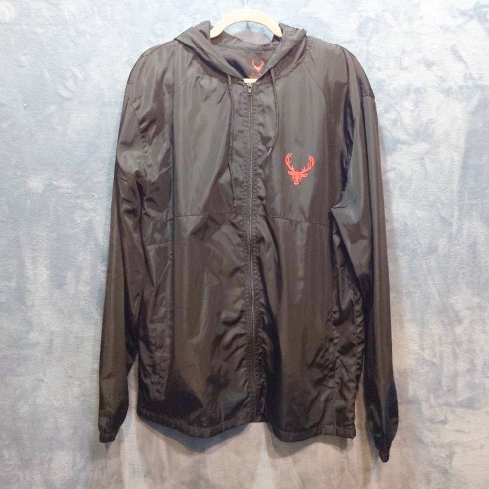 Bucked Up Mens 2XL Black Red Buck Deer Logo Hooded Windbreaker Jacket Mesh Lined
